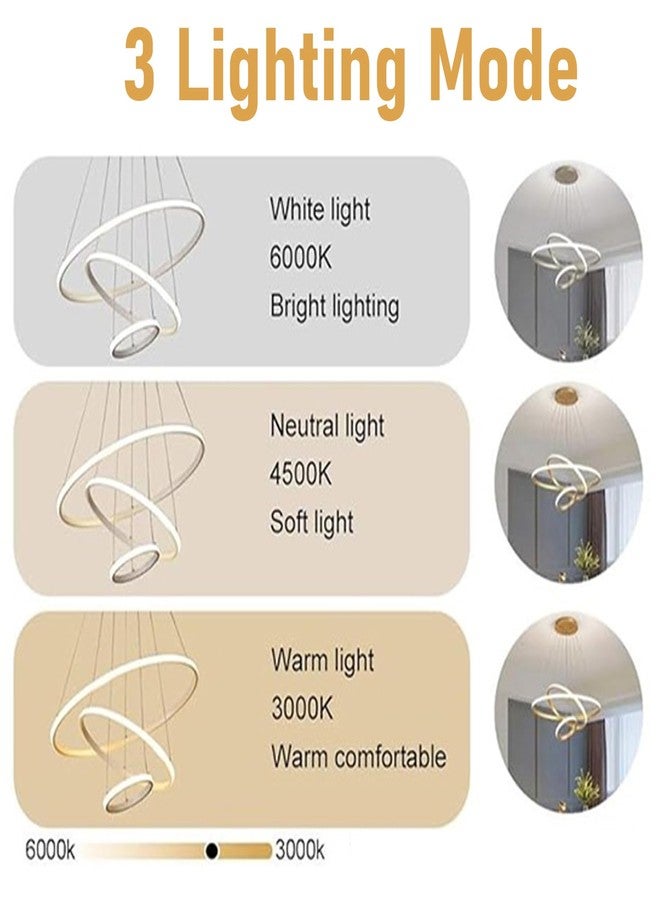 SINOMAN ثريا سينومان العصرية ذات التصميم الحلزوني بثلاث حلقات LED، تُعلق على السقف - ارتفاع قابل للتعديل مع 3 أوضاع إضاءة ملونة، مثالية لغرفة المعيشة/غرفة النوم/المنزل (سلسلة تعليق L-3 (ذهبي)) - Image 4